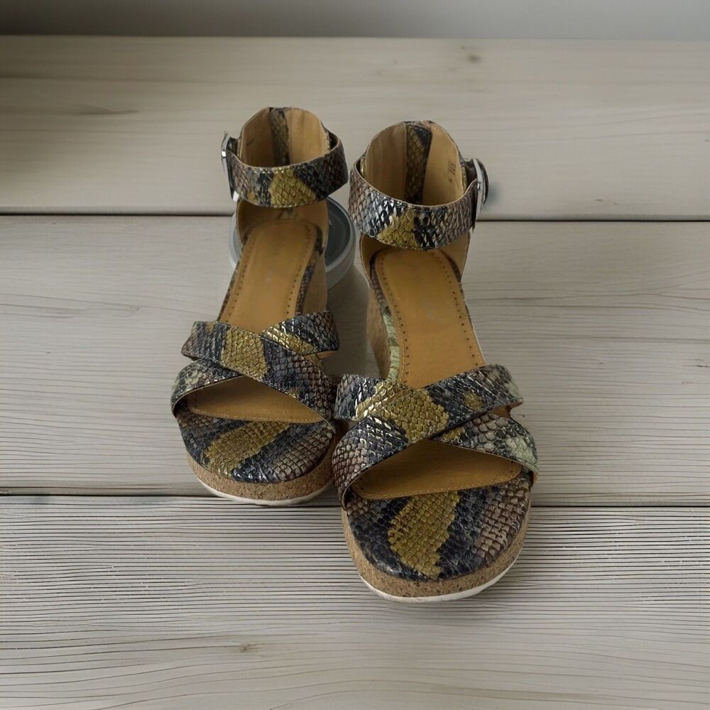Adrienne Vittadini Snake Print Metallic Wedge Sandals Ankle Strap Women's Size 8